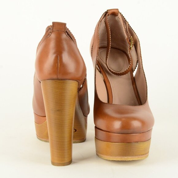 CHLOE SHOES TAN LEATHER ANKLE STRAP WOODEN PLATFORM PUMPS sz 40.5 10.5 - Picture 5 of 8